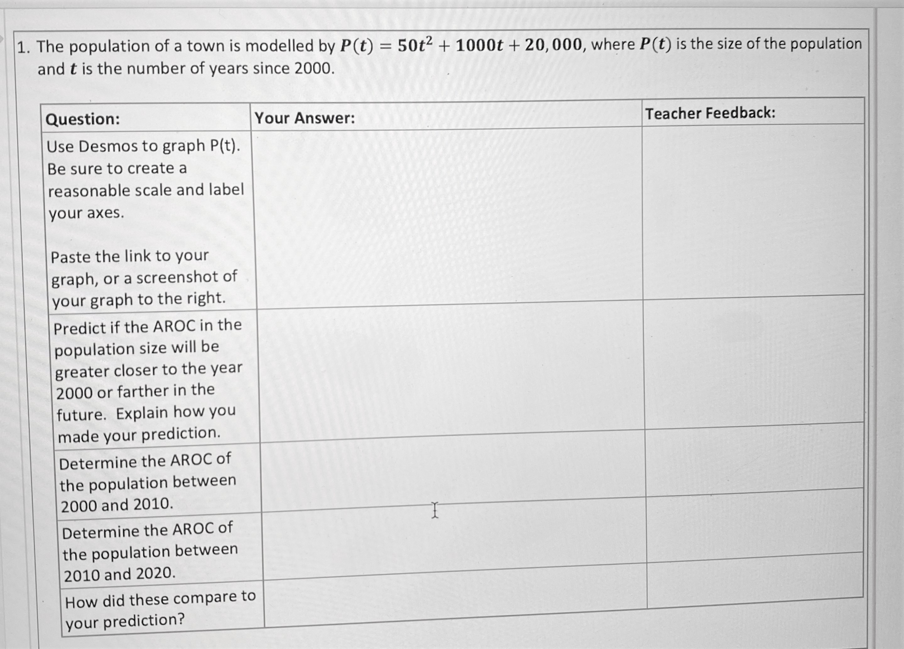 1. The population of a town is modelled by P(t) =