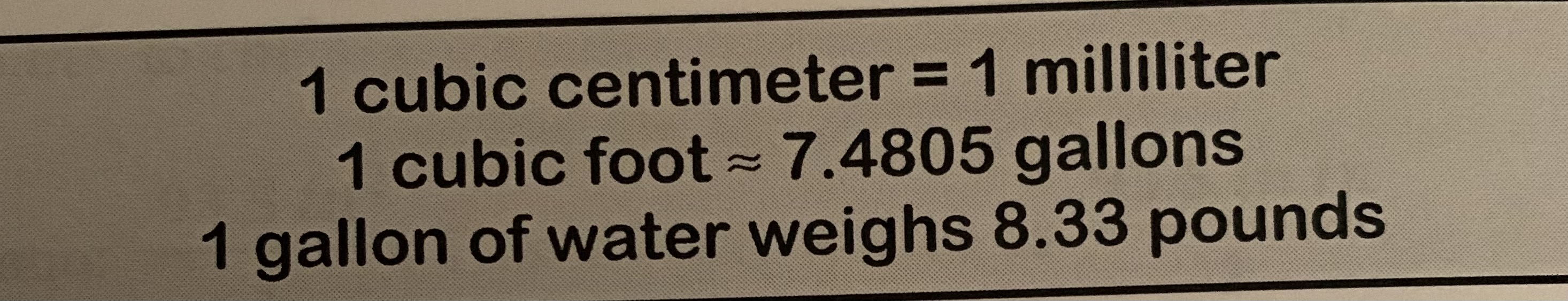1 cubic centimeter = 1 milliliter 1 cubic foot ~