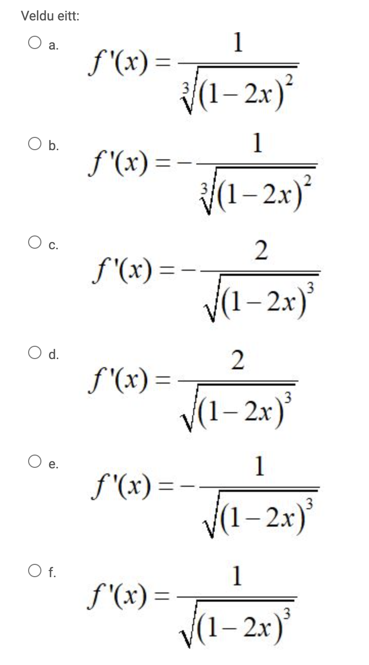 1.differentiate the fall f (x) = 1- 2x\f= 2Veldu
