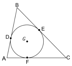 In circle G, line AB, line BC, and line AC are