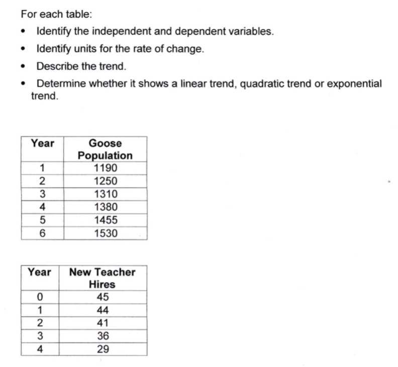 For each table: . Identify the independent and