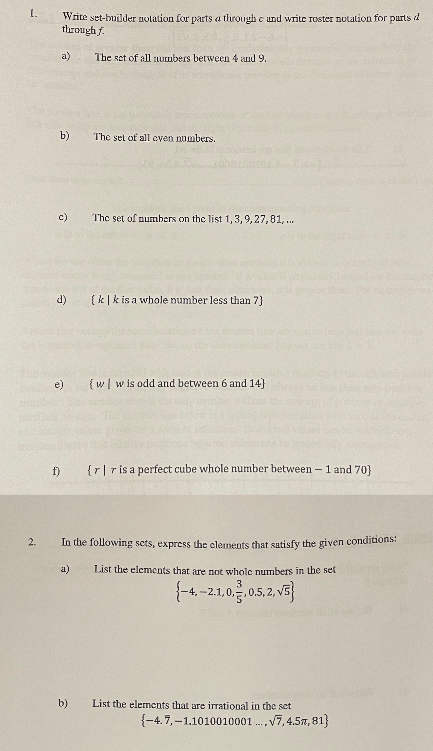 1. Write set-builder notation for parts a through