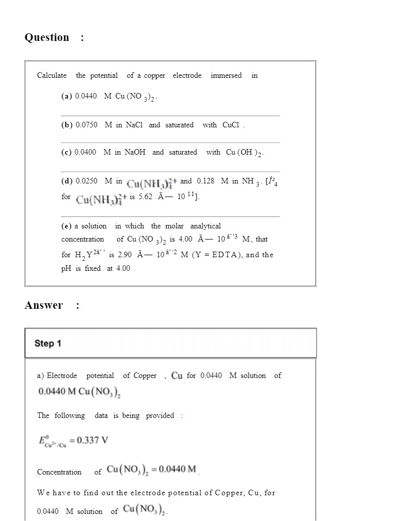 Question : Calculate the potential of a copper