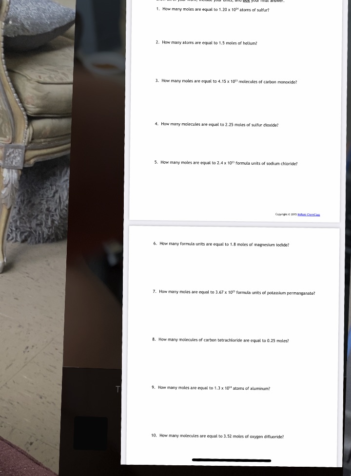 Chemical Quantities "The Mole - 1 step" - Wksh