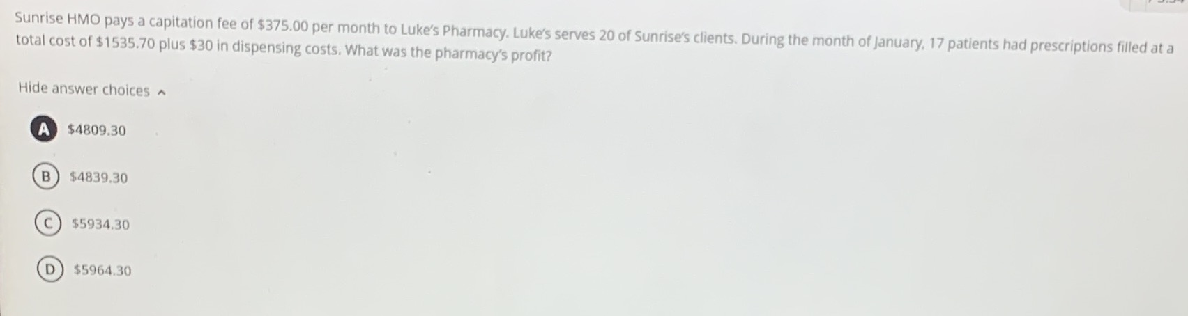 Sunrise HMO pays a capitation fee of $375.00 per
