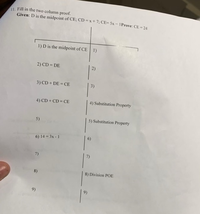 1 1. Fill in the two column proof. Given: D is
