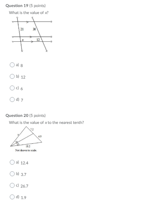 \fQuestion 19 (5 points) What is the value of x?
