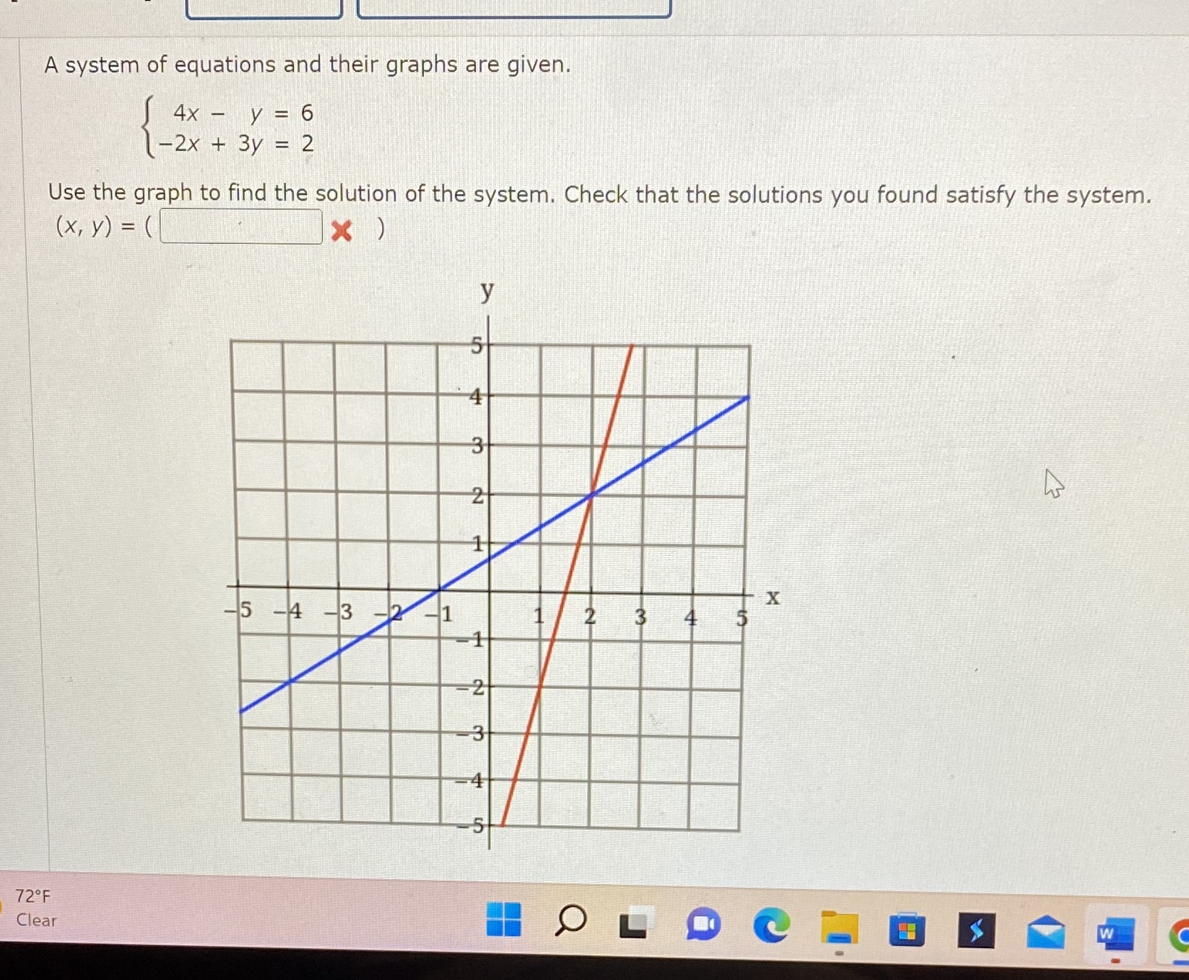 A system of equations and their graphs are given.