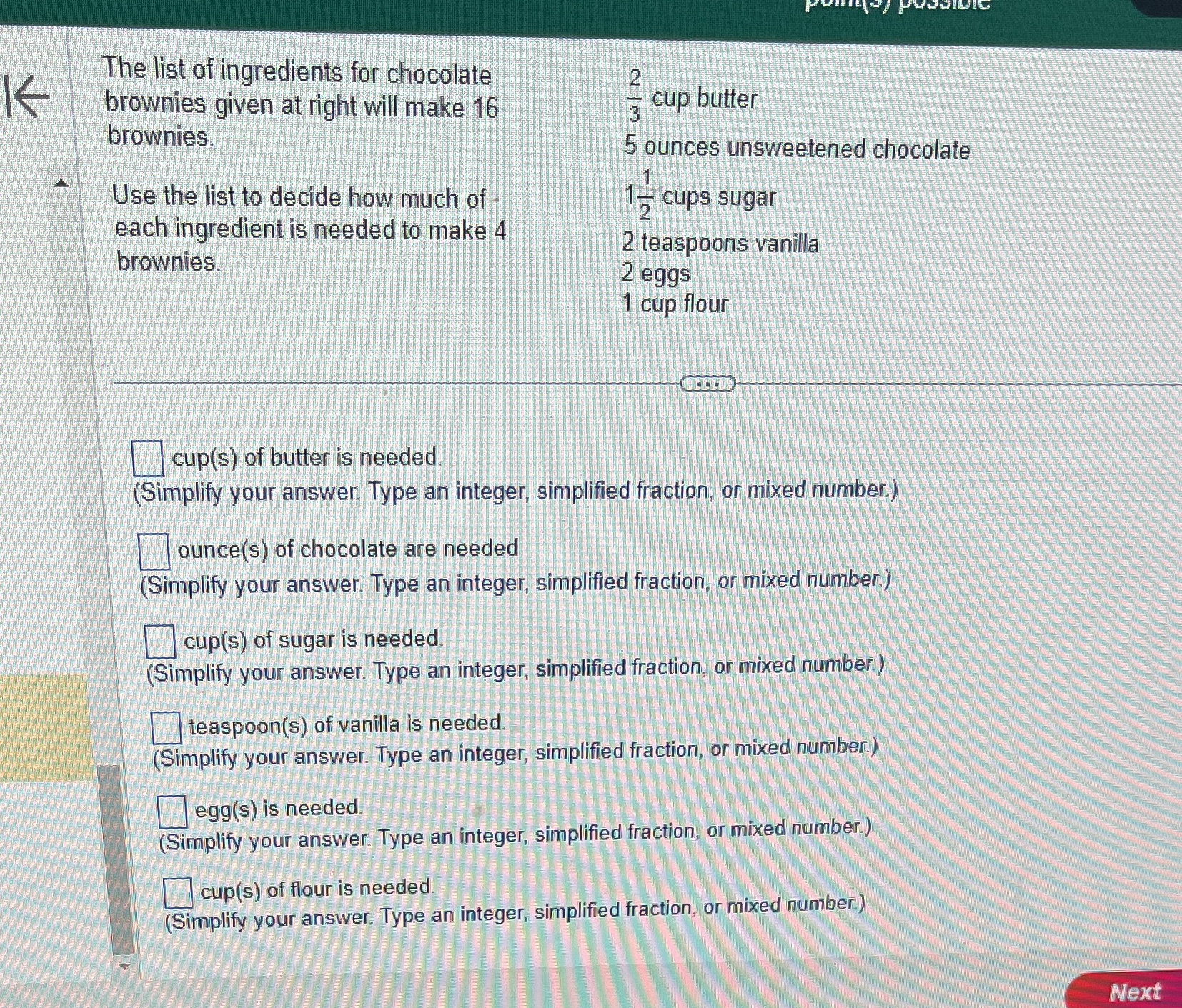 The list of ingredients for chocolate brownies
