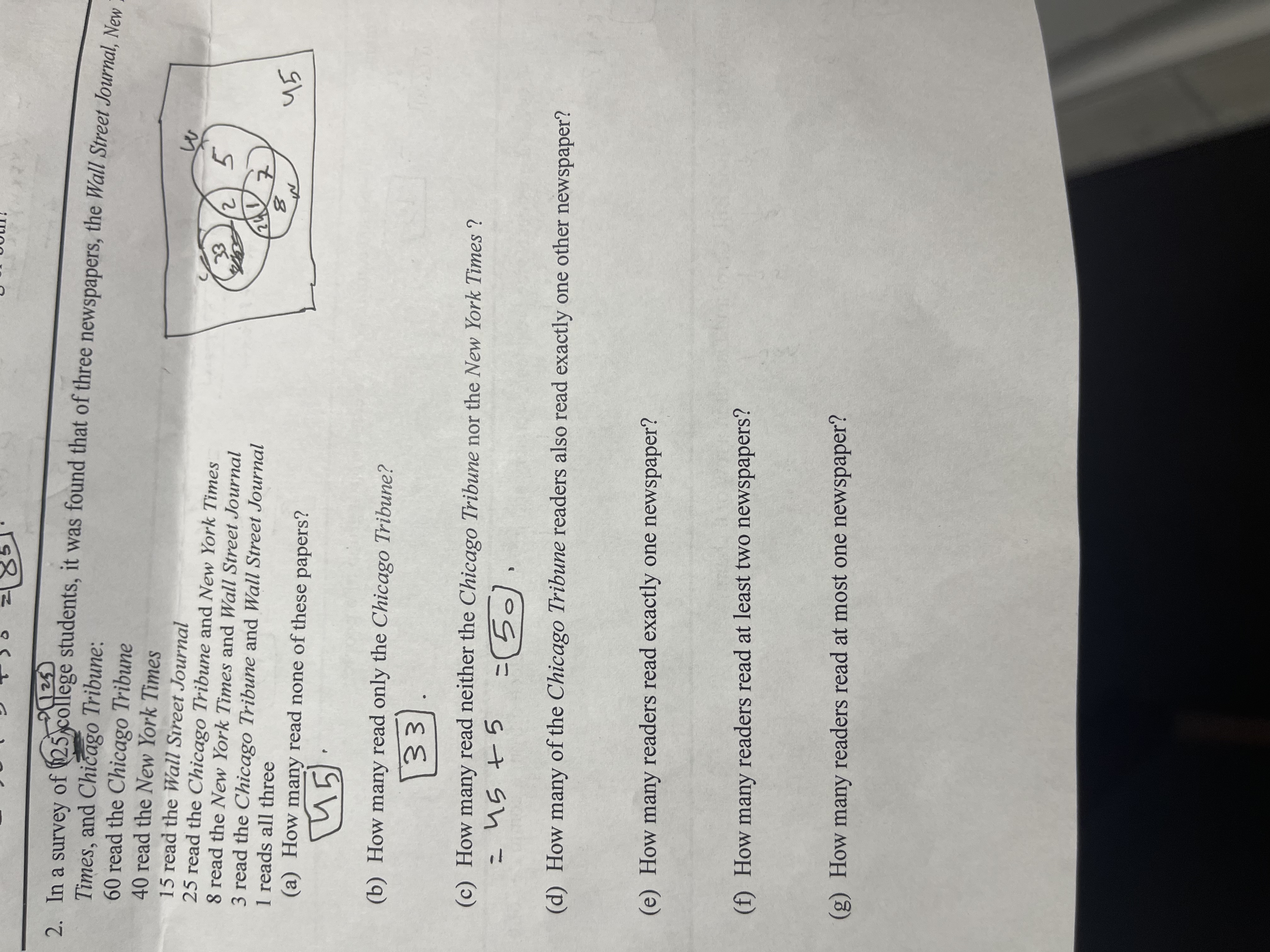 21 25 2. In a survey of (125 college students, it