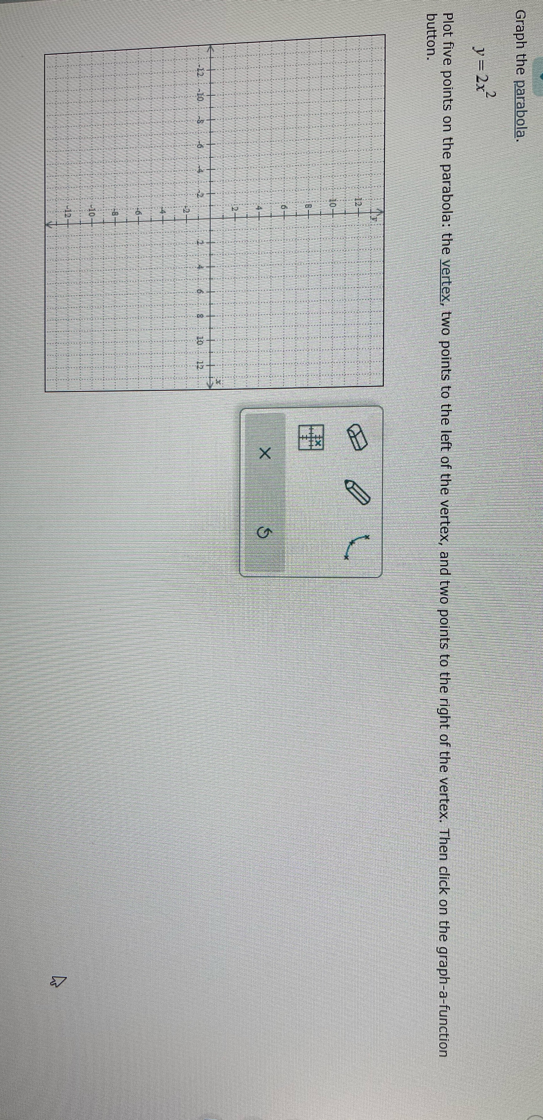 Graph the parabola. y = 2x- Plot five points on