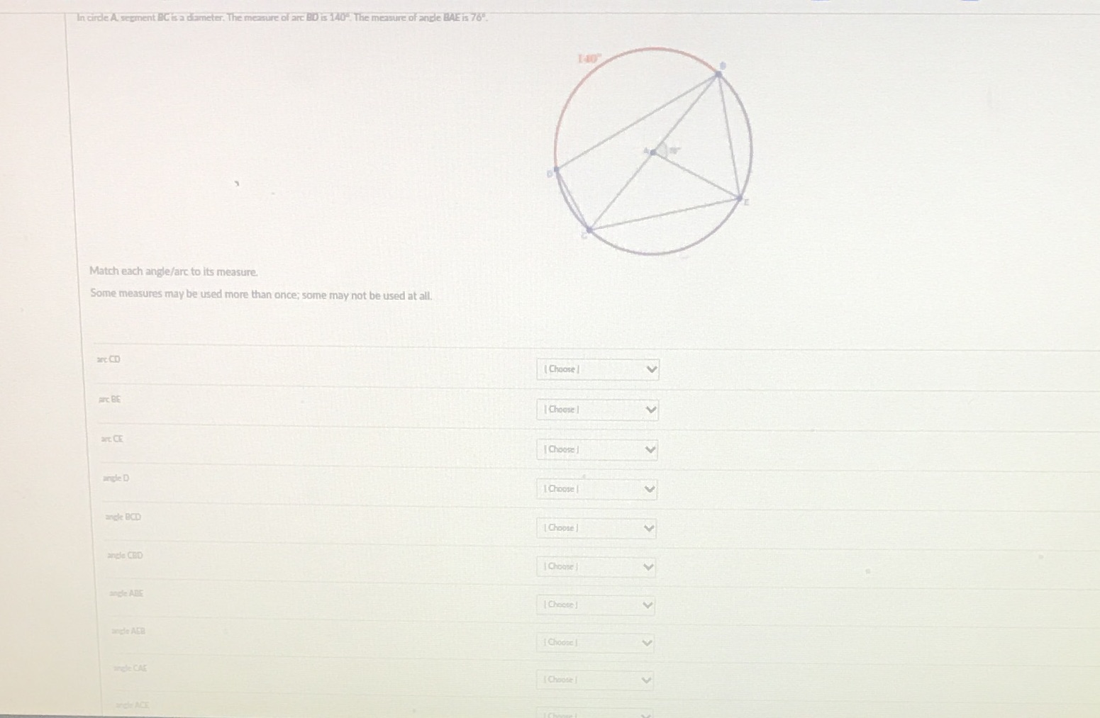 In circle A segment BC is a diameter. The measure