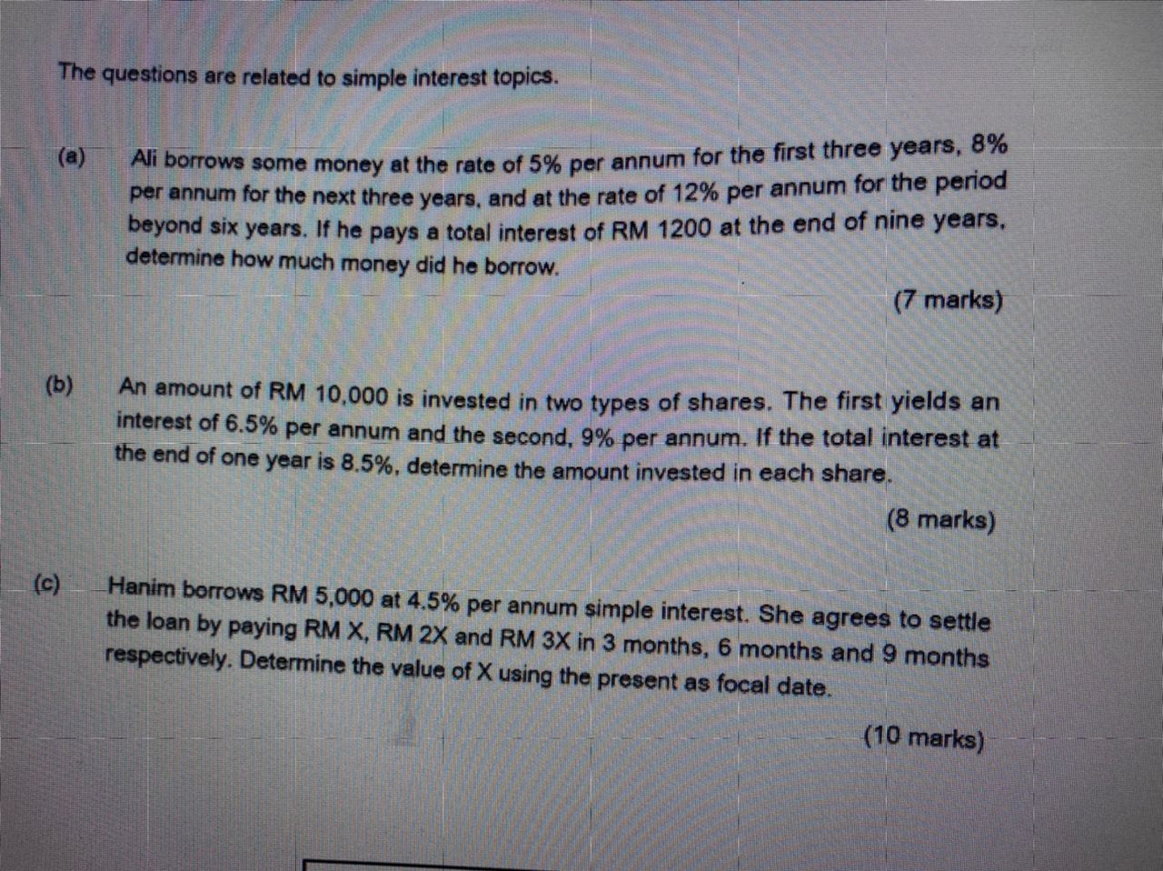 The questions are related to simple interest