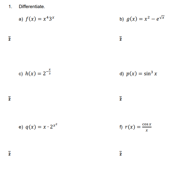 1. MI MI NI Differentiate. a} f(x] = 3:43I e)