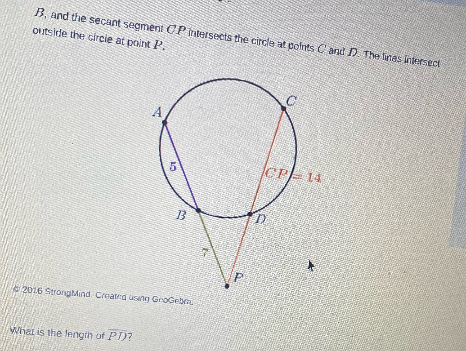 what is the length of PD B, and the secant
