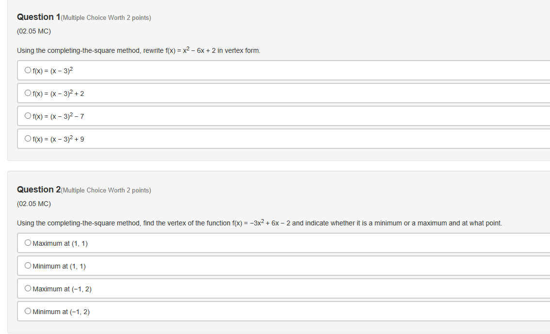 Question 1(Multiple Choice Worth 2 points) (02.05
