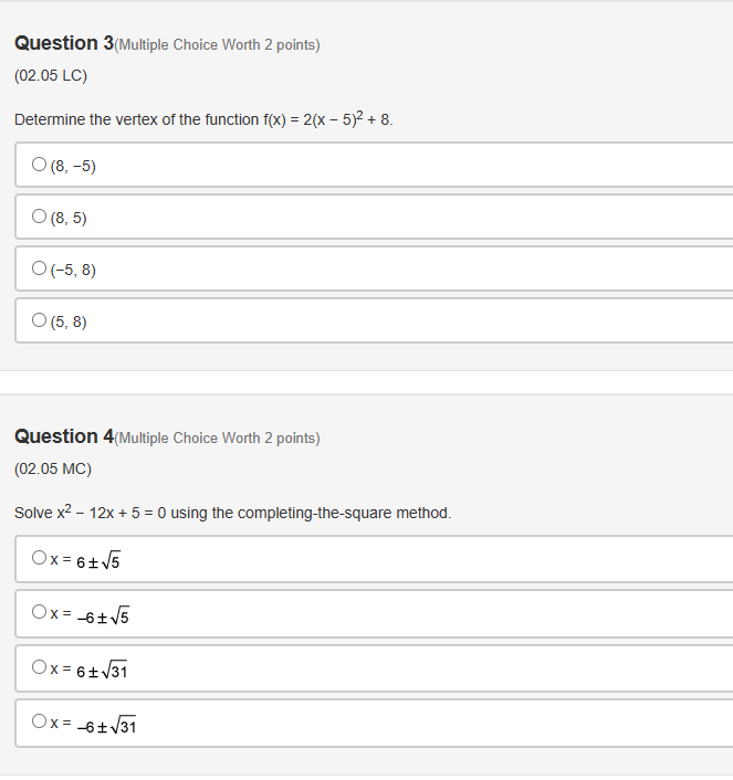 Question 1(Multiple Choice Worth 2 points) (02.05