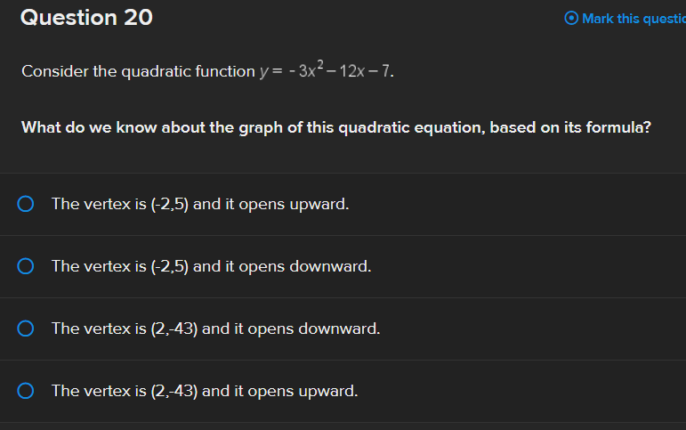 \f\f\fQuestion 6 Consider the quadratic function
