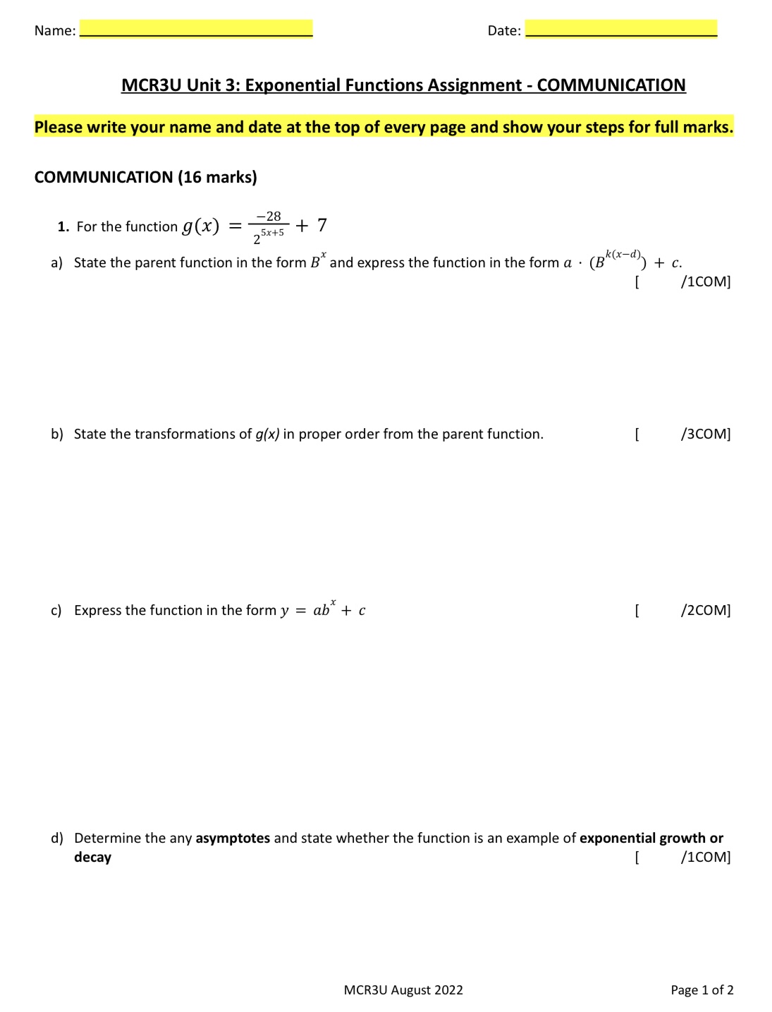 Name: Date: MCR3U Unit 3: Exponential Functions