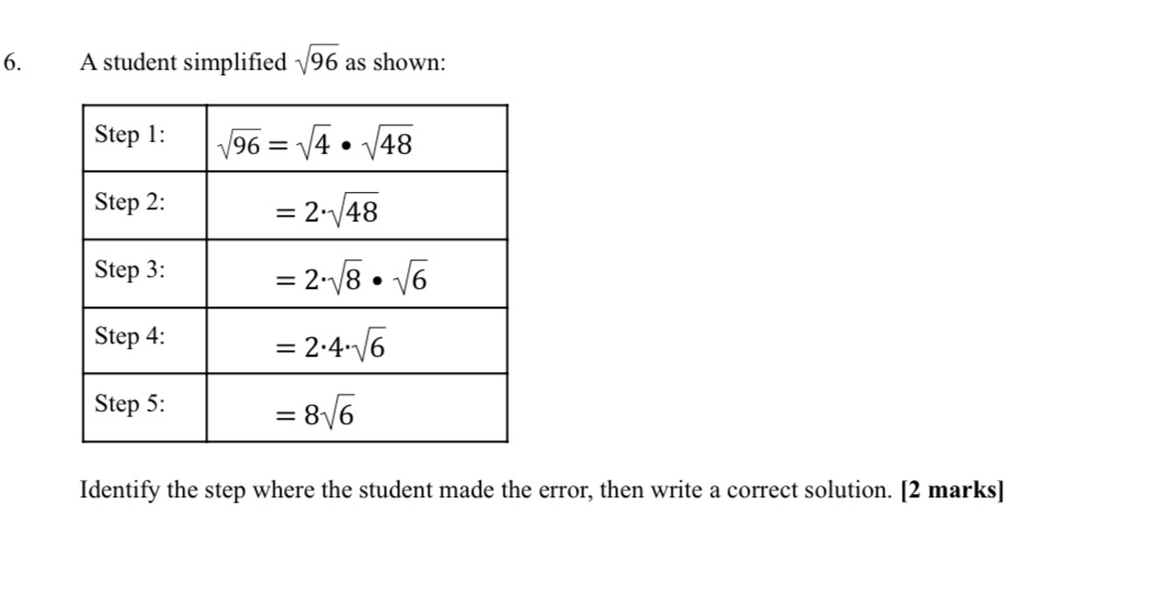 6. A student simplified v96 as shown: Step 1: 96