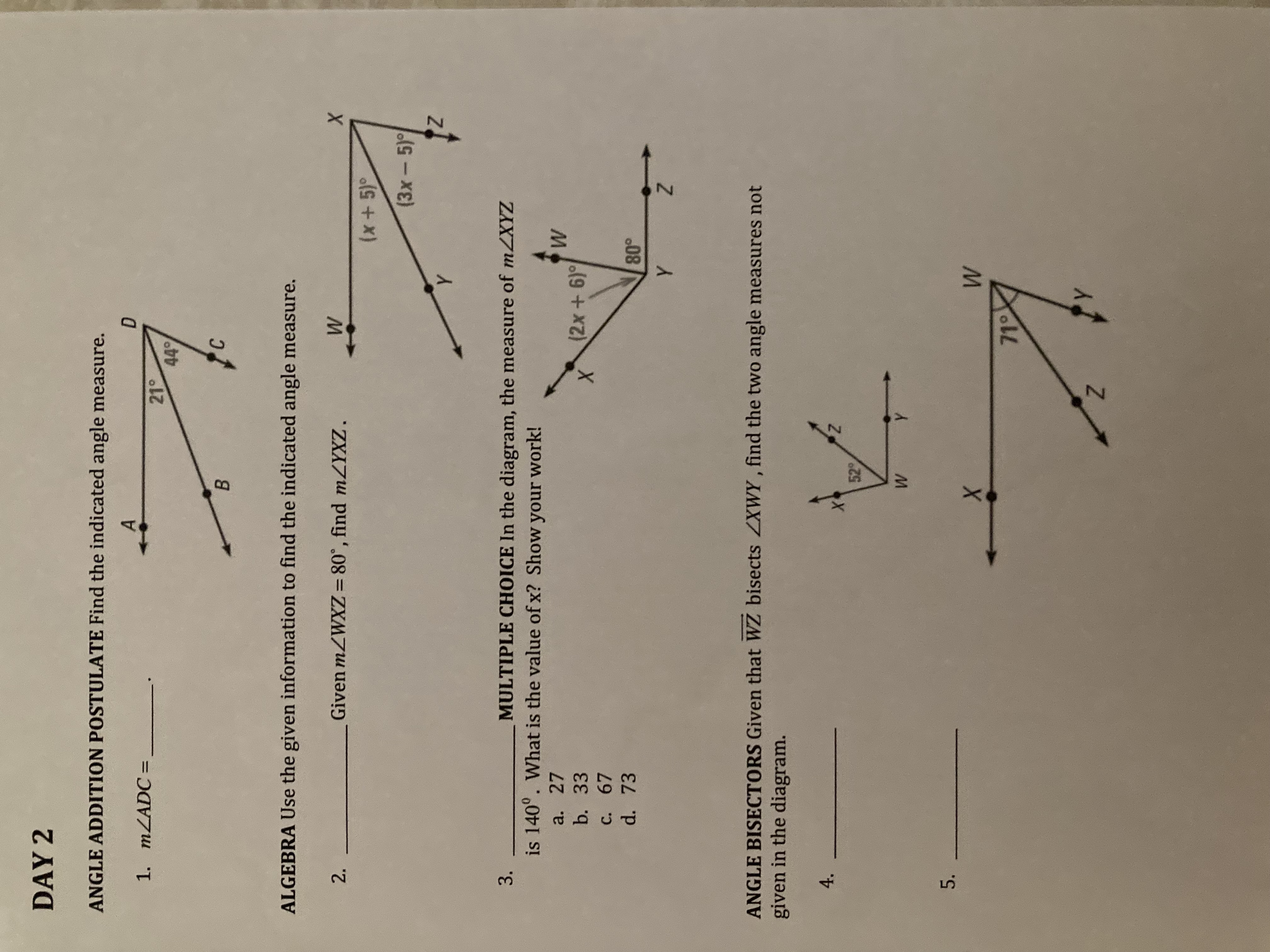 DAY 2 ANGLE ADDITION POSTULATE Find the indicated
