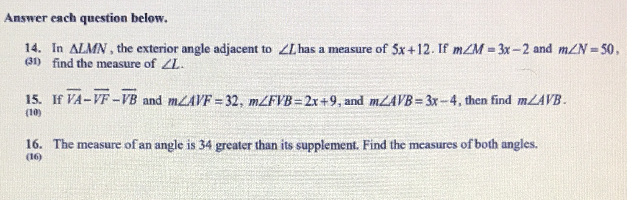 Answer each question below. 14. In ALMN , the
