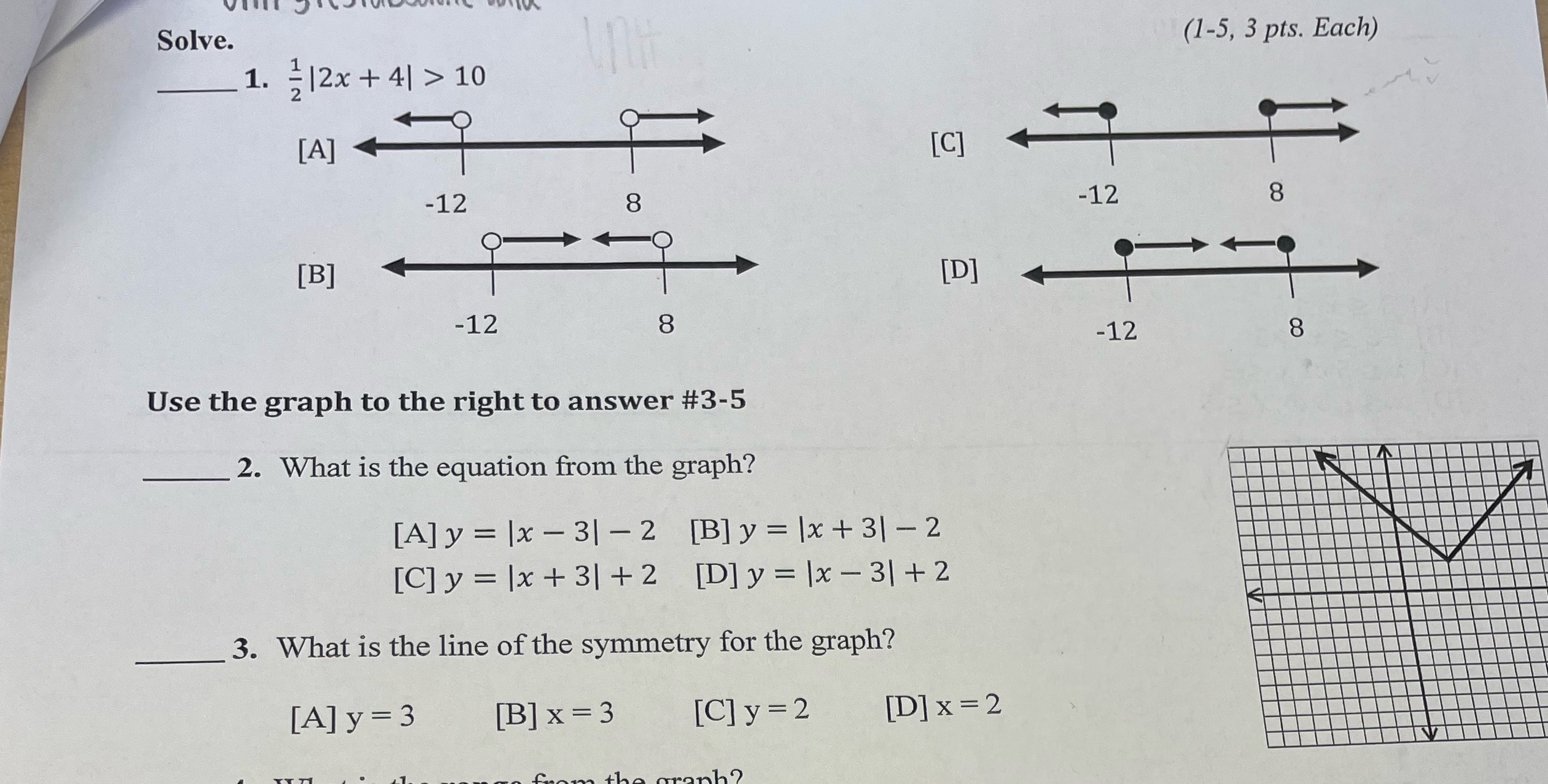 Solve. (1-5, 3 pts. Each) 1. = |2x + 4| > 10 [A]
