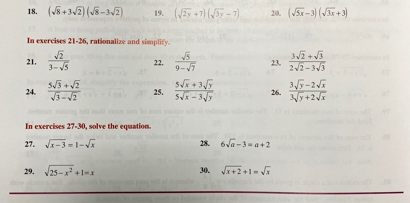 18 . ( V8 + 3 /2 ) ( 18 - 3V2) 19. (V2y + 7) (3y
