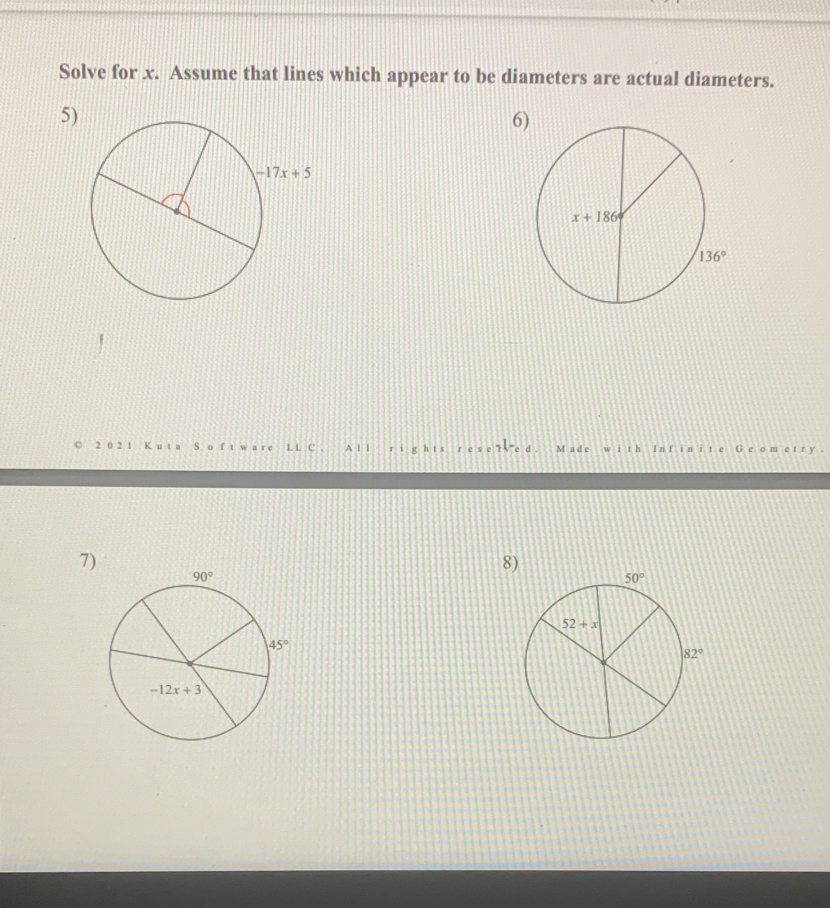 solve for x. Assume that lines which appear to be