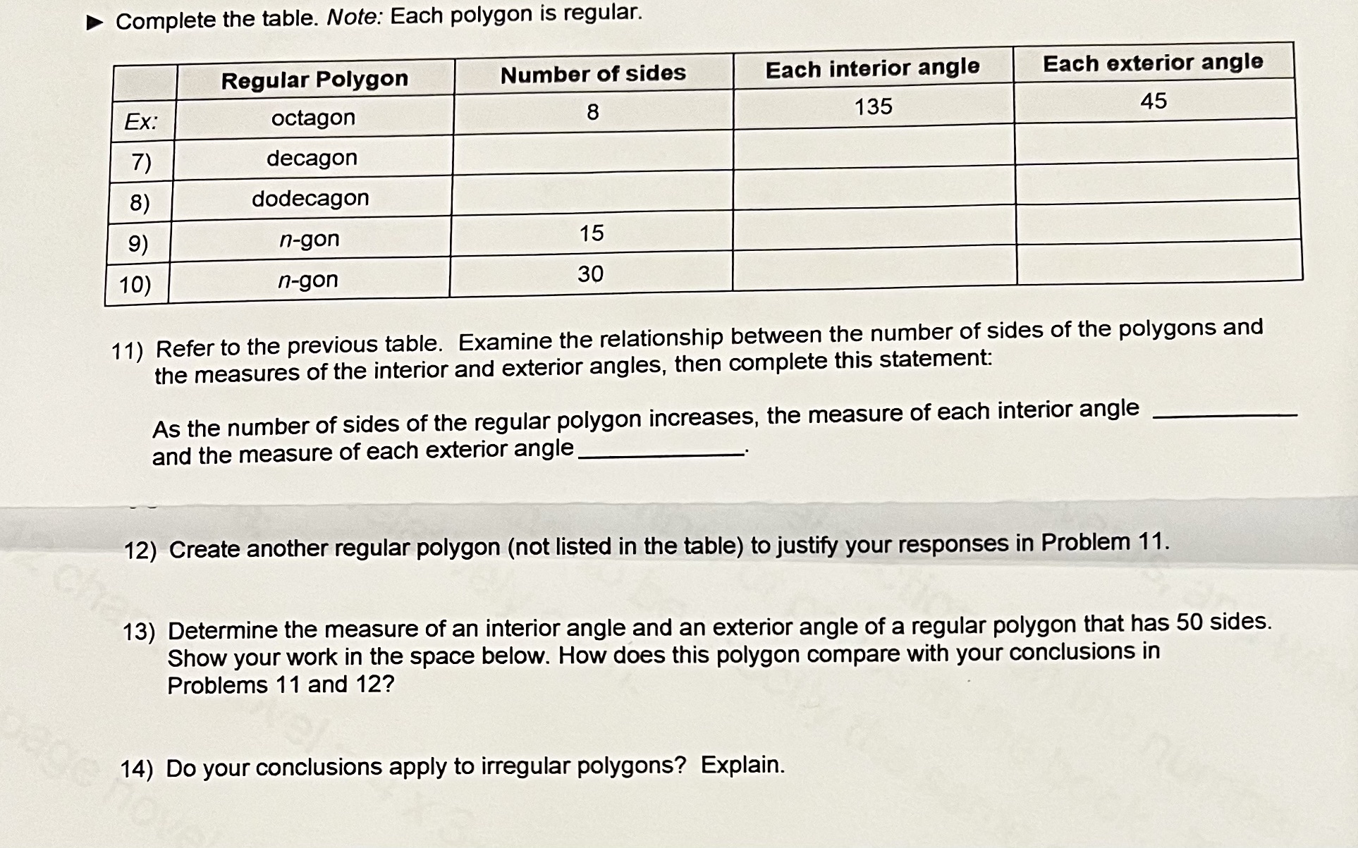 ONLY 12, 13, and 14 > Complete the table. Note: