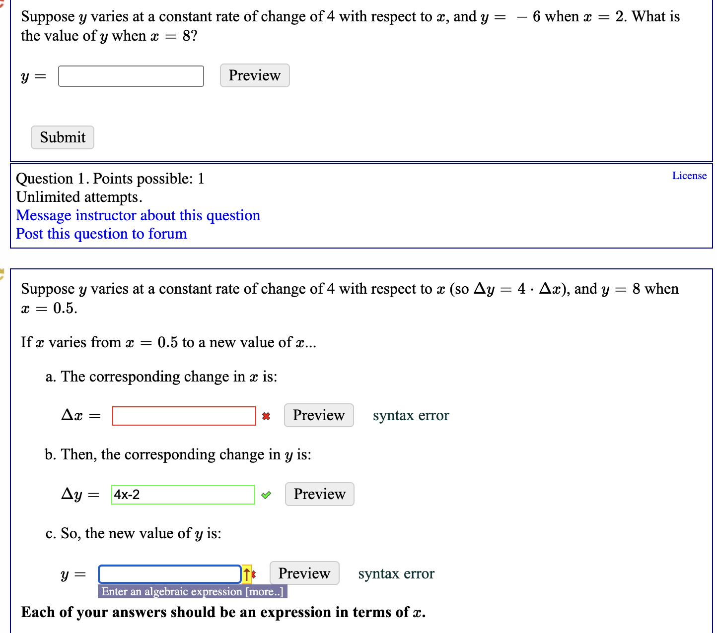 Suppose y varies at a constant rate of change of