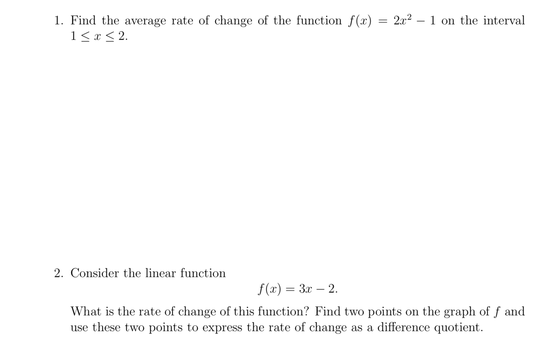 1. Find the average rate of change of the