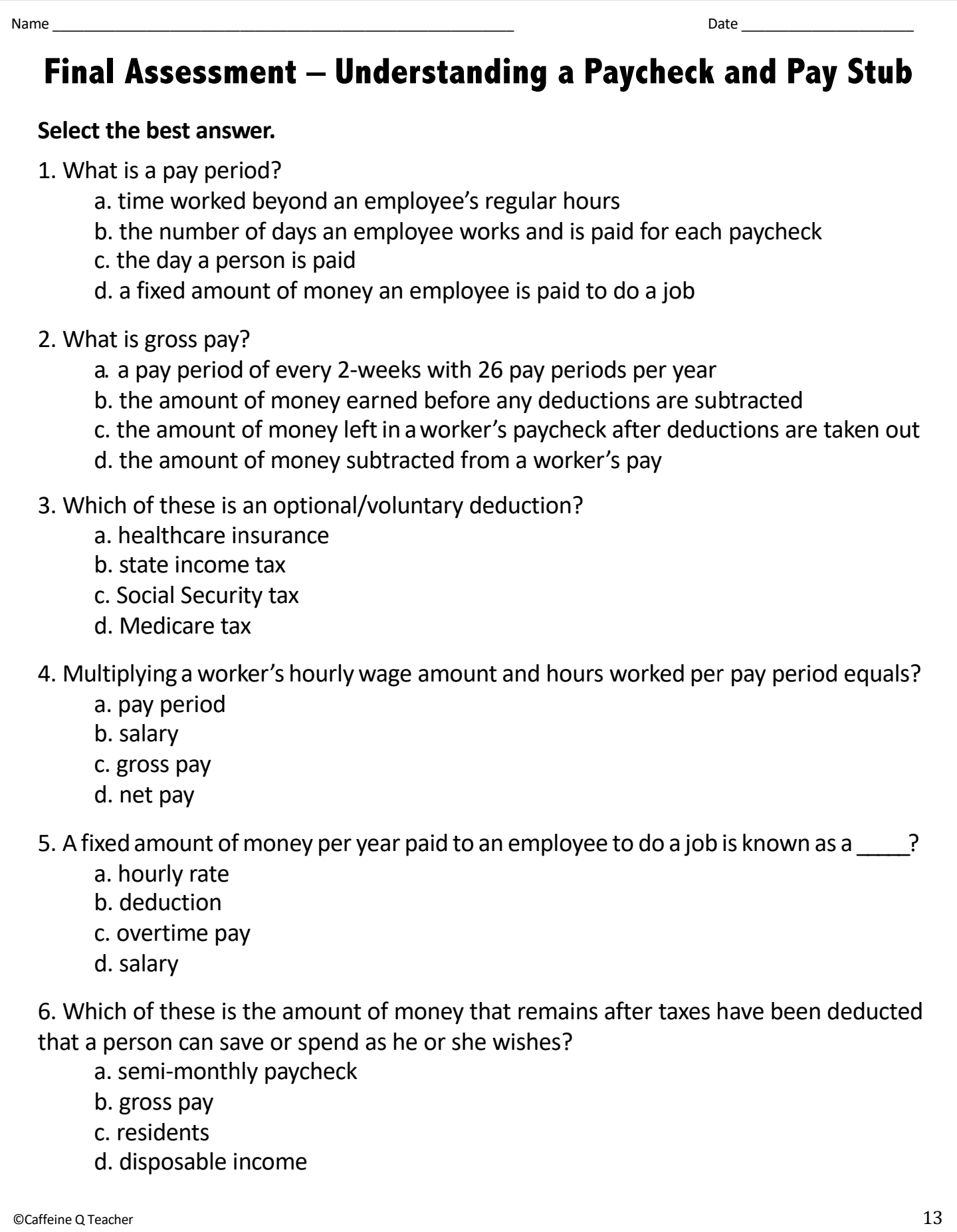 understanding paychecks & pay stubs Name Date