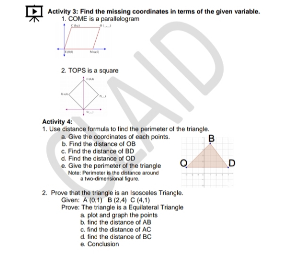 Activity 3: Find the missing coordinates in terms
