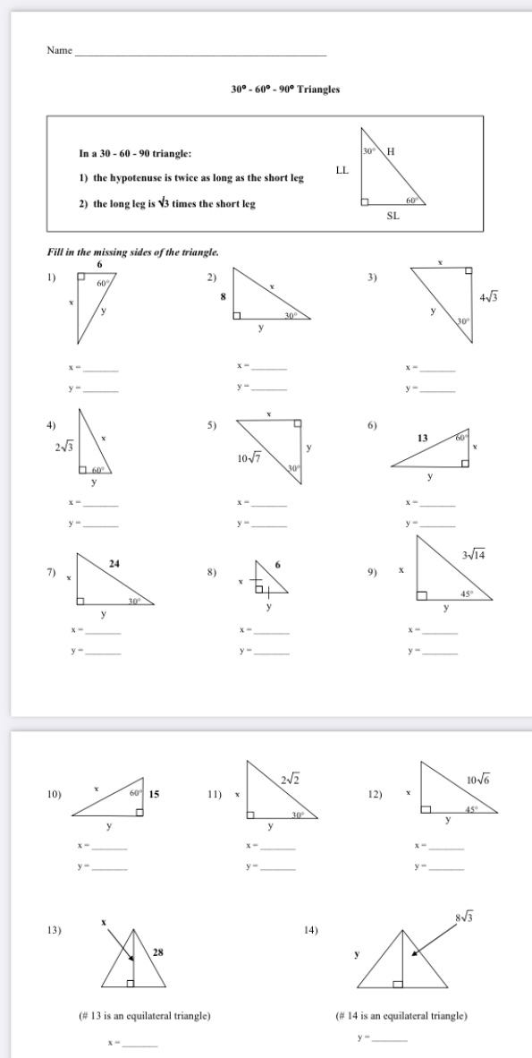 Name 30 - 609 - 90% Triangles In a 30 - 60 - 90