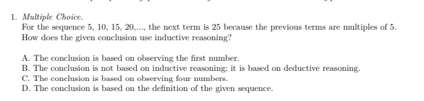 1. Multiple Choice. For the sequence 5, 10, 15,