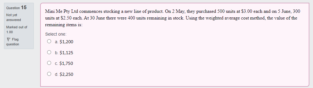 Question 15 Mini Me Pty Ltd commences stocking a