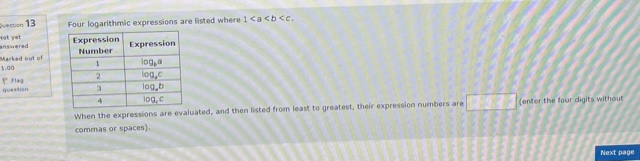 Four logarithmic expressions are listed where 1 ca