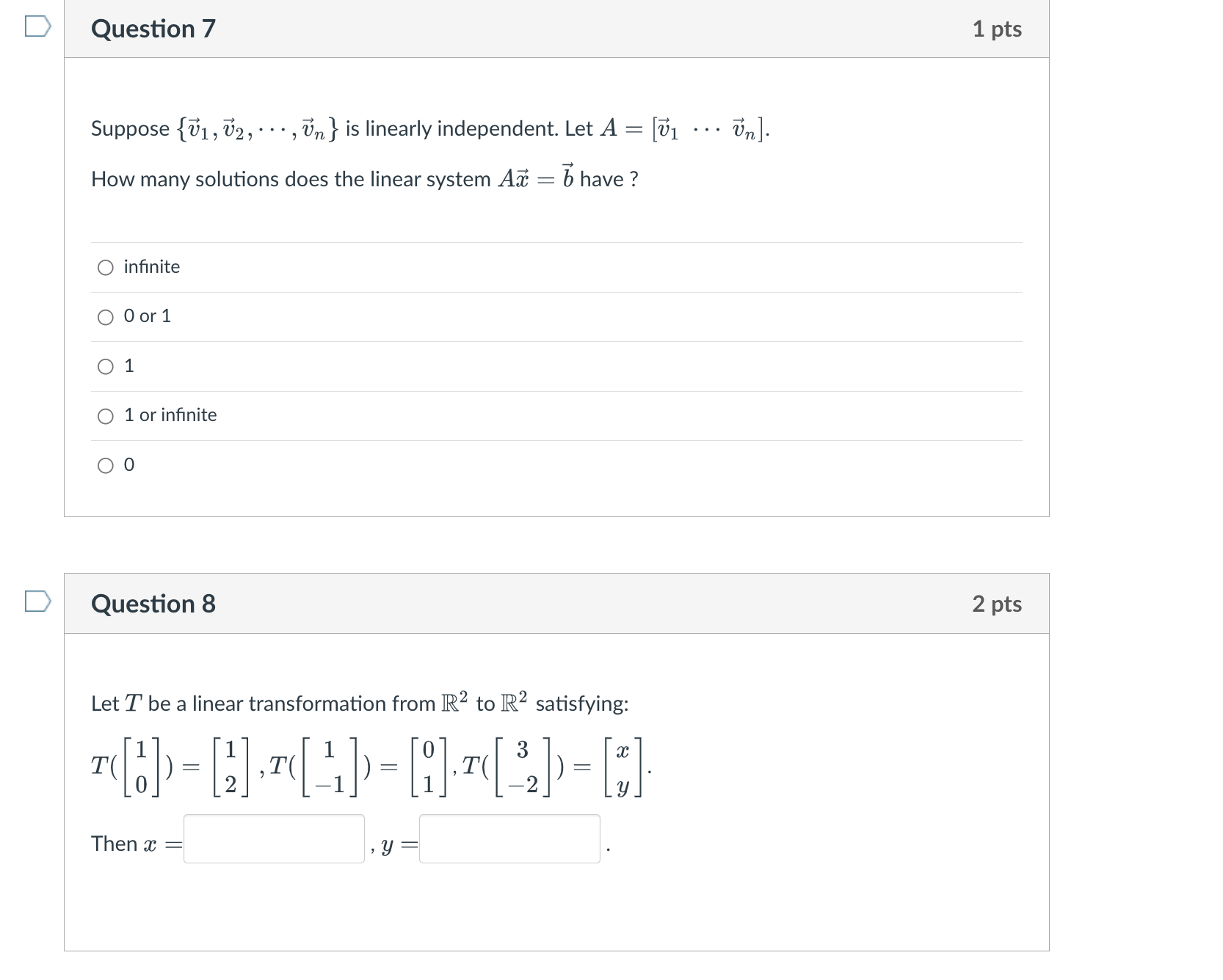 D Question 7 1 pts Suppose {v1, 72, . . . , Un }
