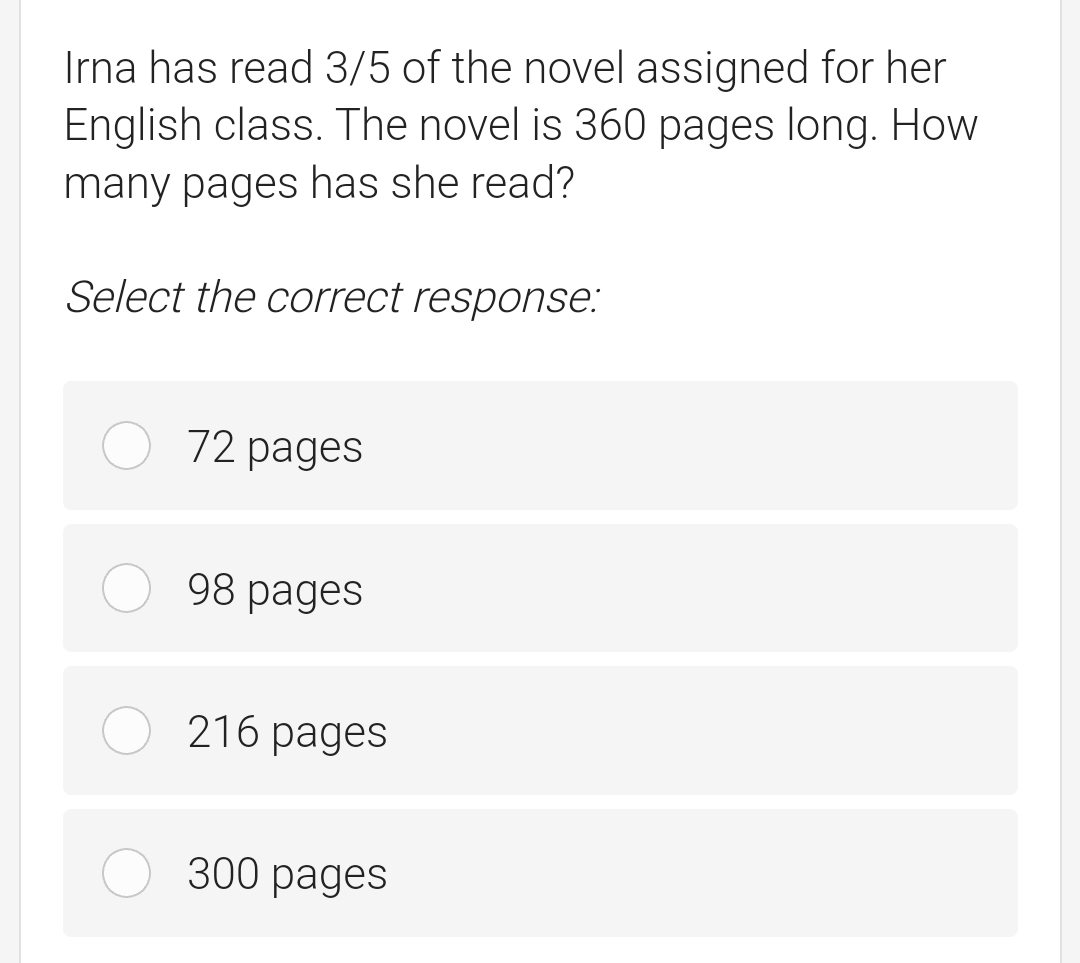 Solve & show solution. 1. Irna has read 3/5 of