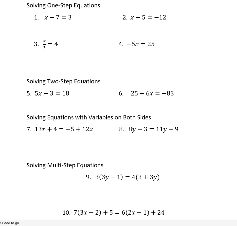 Solving One-Step Equations 1. sir7:3 2.x+5=12
