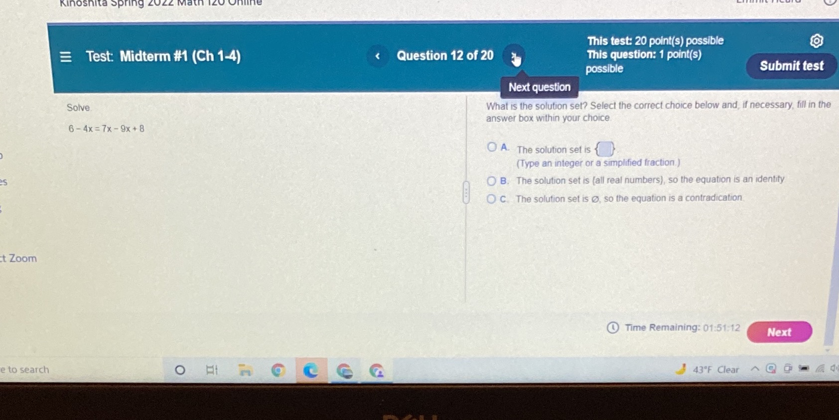 Kinoshita Spring 20 This test: 20 point(s)