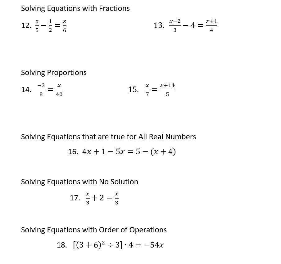 Solving One-Step Equations 1. sir7:3 2.x+5=12