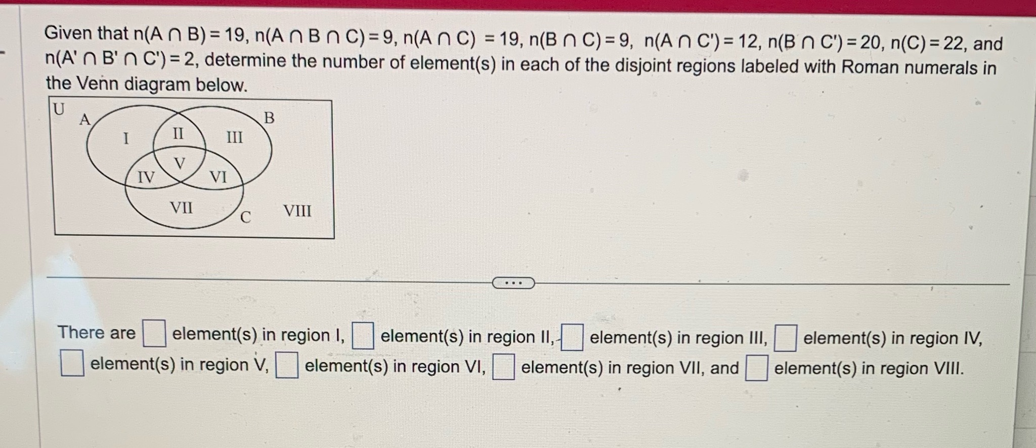 Given that n(A n B) = 19, n(A n B n C) = 9, n(A n