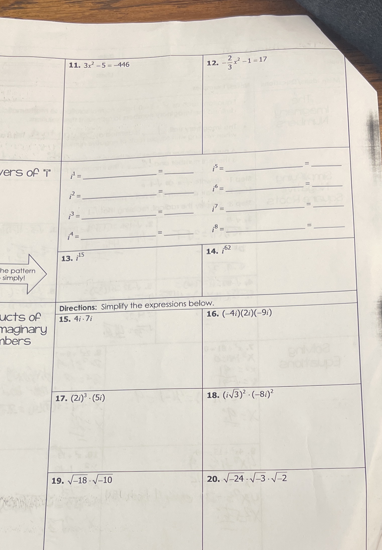 11. 3x2 -5 =-446 12. -2x2 -1 =17 3 ers of "i" il