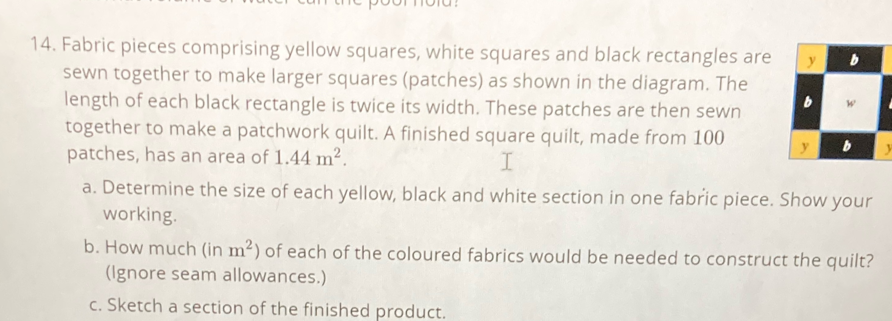 14. Fabric pieces comprising yellow squares,