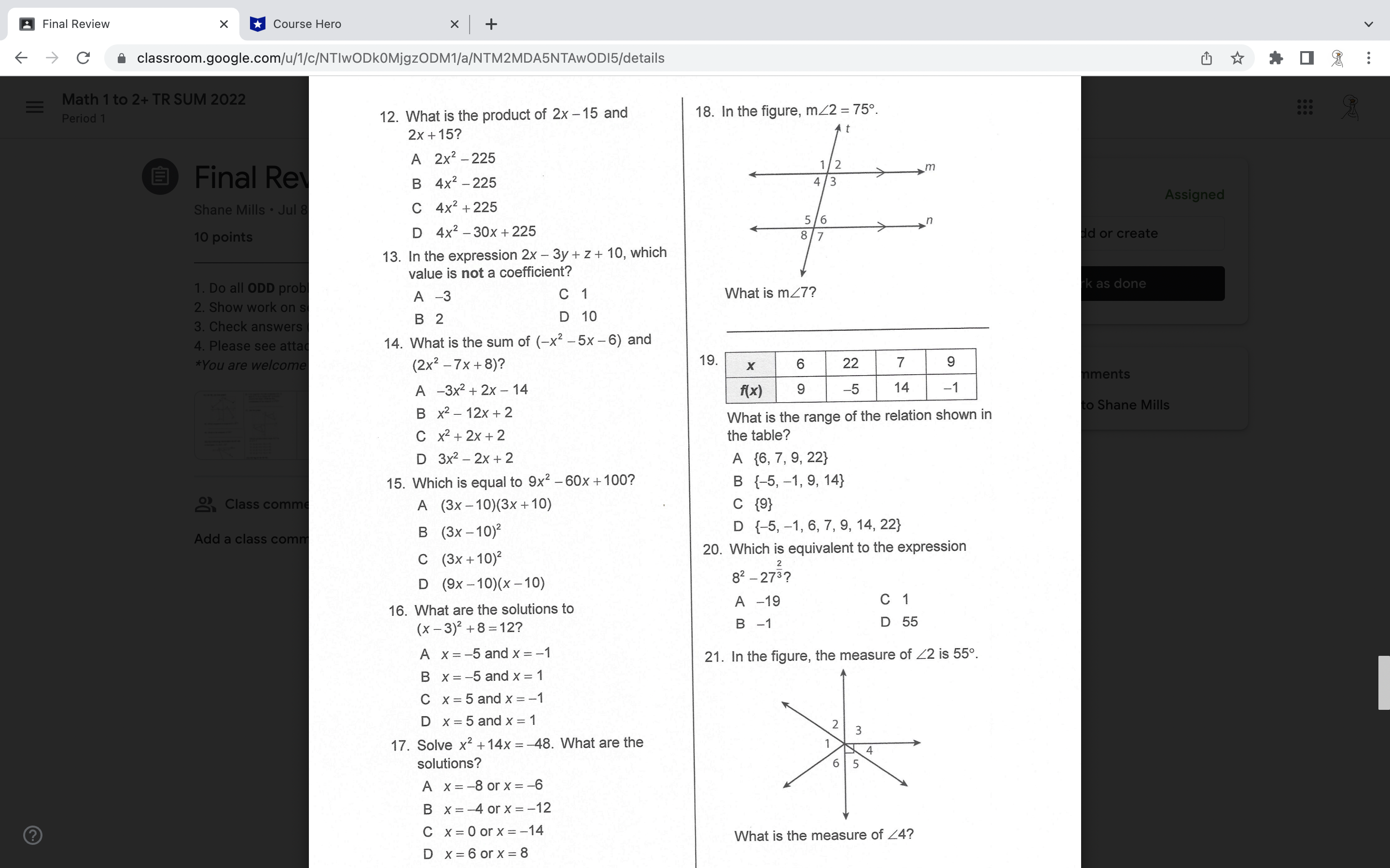 Final Review X Course Hero X + C