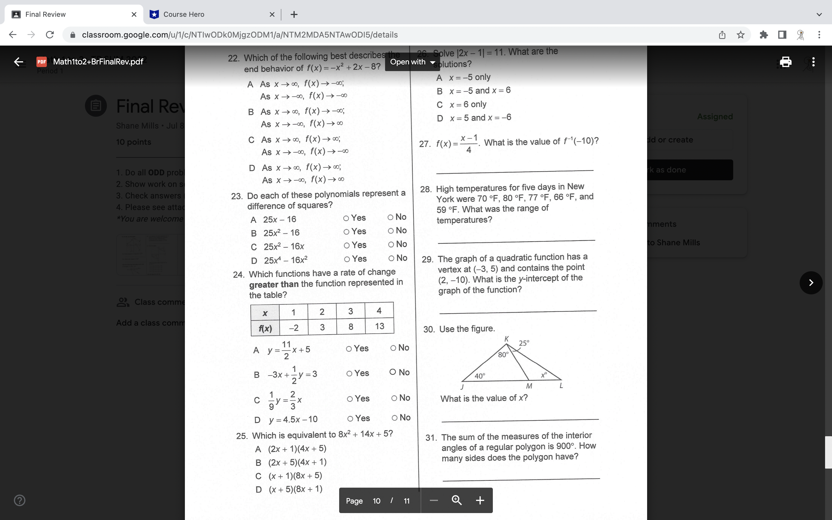 Final Review X Course Hero X + C
