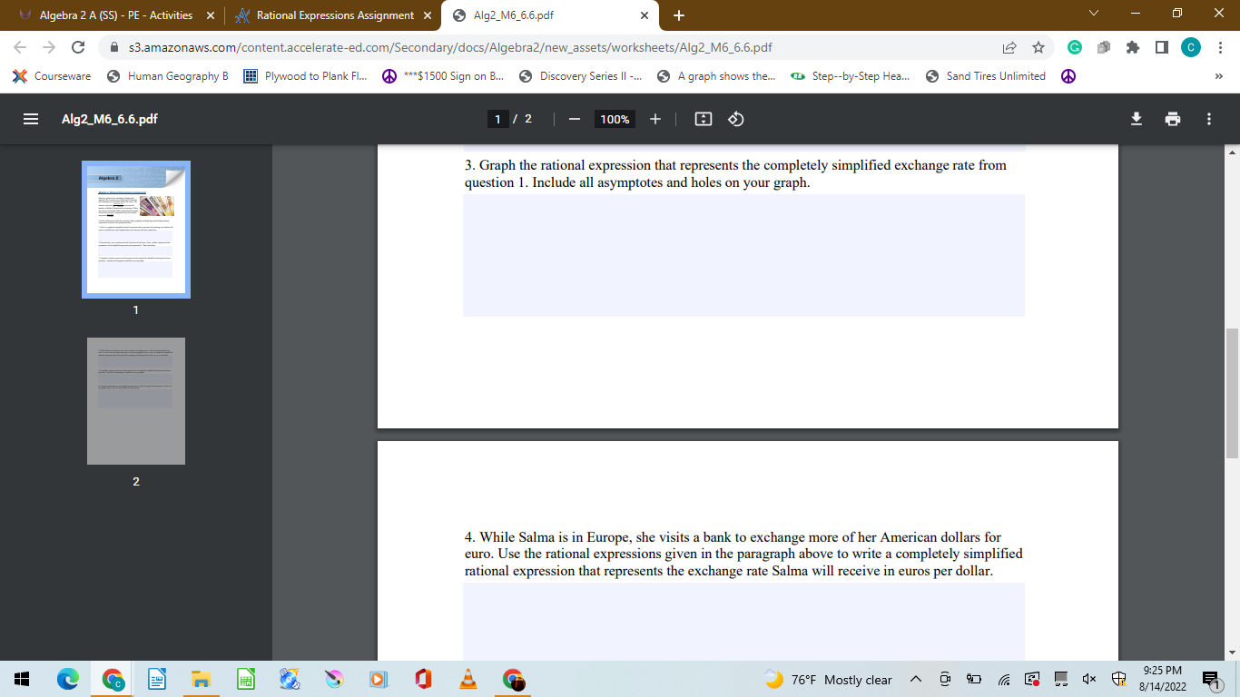 Algebra 2 A (SS) - PE - Activities X K Rational