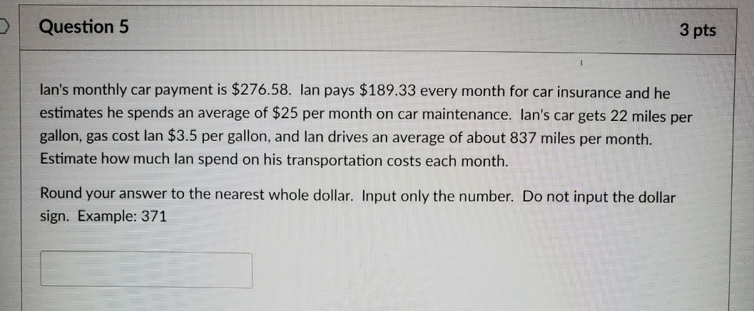 Ian's monthly car payment is $276.58. Ian pays